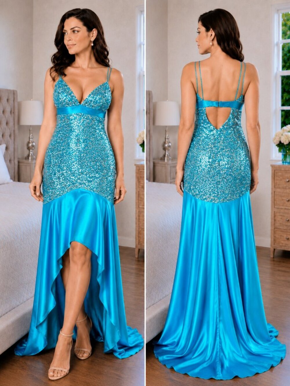 Sherri Hill Turquoise Sequin High-Low Prom Dress